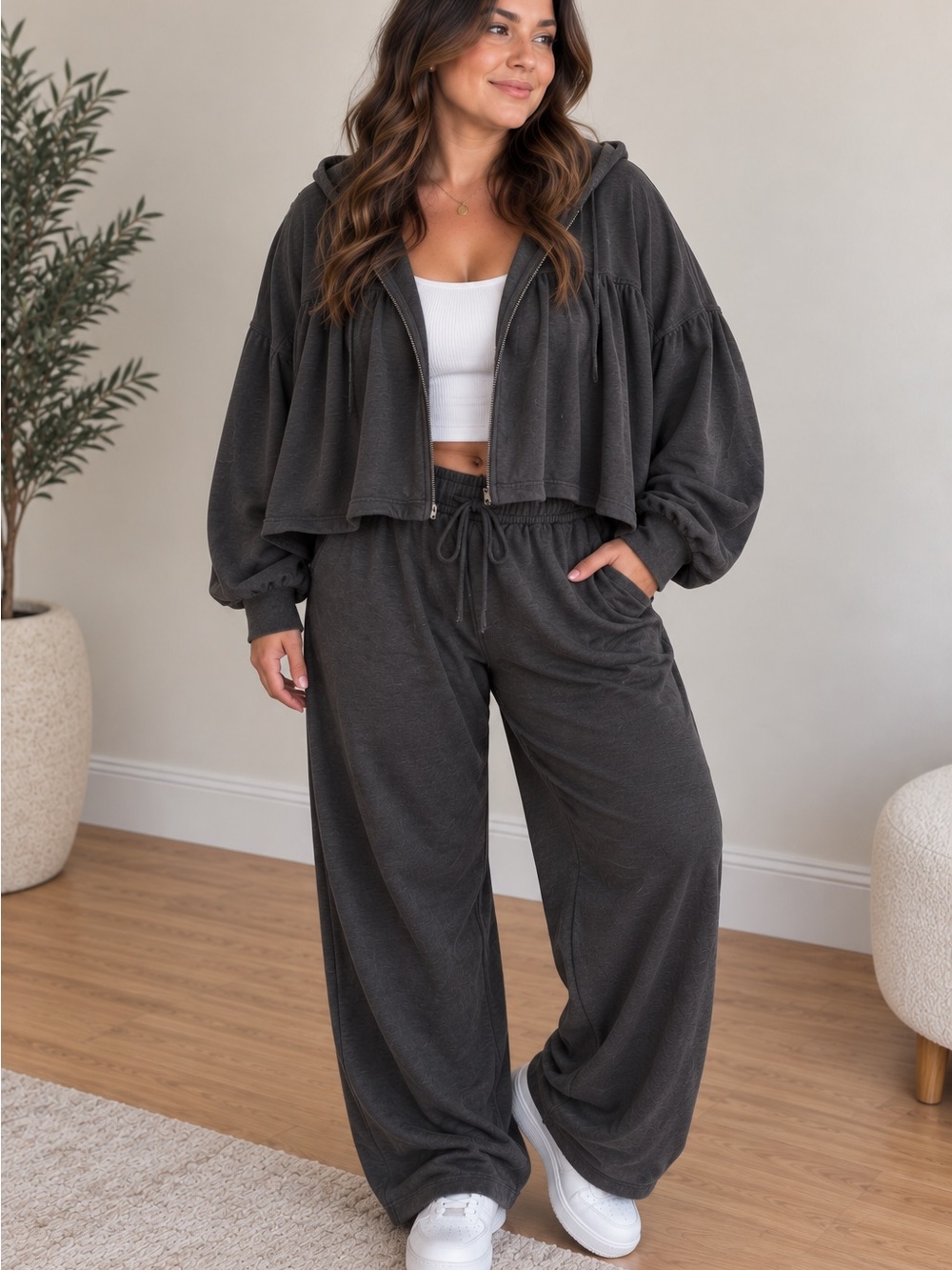 Relaxed Hooded Lounge Jumpsuit Set - Charcoal